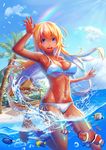  barefoot beach bikini blonde_hair breasts cloud clownfish day fish highres hut large_breasts light_rays long_hair navel ocean open_mouth original outdoors palm_tree partially_submerged purple_eyes rainbow shack shiny shiny_skin side-tie_bikini sky solo splashing strap_gap sunbeam sunlight swimsuit tako_seijin tan toes tree underboob water wet 