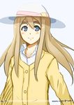  autumn-north blue_eyes blush_stickers brown_hair cardigan eyebrows hat k-on! kotobuki_tsumugi long_hair smile solo sun_hat thick_eyebrows 