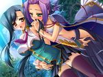  2girls chouryou_(shia) game_cg green_eyes kan&#039;u kan'u koihime_musou multiple_girls purple_hair sarashi short_hair thighhighs yatsuha_kanan yuri 