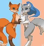  atryl big_breasts blue_eyes blue_hair breast_squish breasts canine female fox hair hand_holding lesbian looking_at_viewer mammal nude shining_pearl vela wolf 