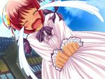  1girl blush child chouhi crying dress embarrassed eyes_closed game_cg hongou_kazuto katagiri_hinata koihime_musou loli purple_eyes red_hair short_hair tears 