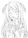  bare_shoulders covering_mouth flower frills greyscale hair_ornament highres holding holding_flower jewelry kurumi_(kantoku) leaf lily_(flower) lineart long_hair looking_at_viewer monochrome necklace original sky_(freedom) solo two_side_up 