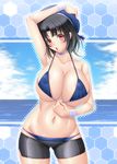  :o areolae arm_up ayato bike_shorts bikini bikini_pull black_hair blue_bikini blush breasts choker cloud covered_nipples day hand_on_own_head hexagon highres huge_breasts kantai_collection navel open_mouth pulled_by_self red_eyes short_hair sky solo swimsuit takao_(kantai_collection) wristband 