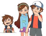  1boy 1girl baseball_cap blood blush_stickers brother_and_sister brown_eyes brown_hair dipper_pines frown gravity_falls hairband hand_holding hat hat_removed headwear_removed long_hair looking_down mabel_pines moyori open_mouth short_hair shorts siblings simple_background skirt socks standing sweater tears twins vest white_background 