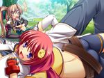  1boy 2girls bachou brown_hair cg chouhi game_cg koihime_musou multiple_girls ponytail purple_eyes yatsuha_kanan 