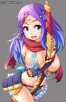  armor between_breasts blue_eyes blue_hair blush breasts elbow_gloves flower frills gloves gradient_hair grey_background hair_flower hair_ornament hug japanese_armor kote kusazuri large_breasts long_hair multicolored_hair ooyama_kina open_mouth original purple_hair red_gloves sengoku_gensoukyoku sheath sheathed simple_background solo sword watermark weapon 