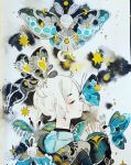  1girl blue_wings bug crescent_moon eyes_closed full_moon grey_wings hand_up highres insect long_sleeves maruti_bitamin moon moon_phases moth original portrait short_hair smile solo standing_on_head traditional_media watercolor_(medium) white_hair wings 