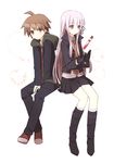  1girl brown_eyes brown_hair danganronpa danganronpa_1 flower gloves hood jacket kirigiri_kyouko long_hair mondo_pop naegi_makoto purple_eyes purple_hair rose test_tube 