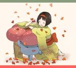  ^_^ bad_id bad_pixiv_id black_hair blush closed_eyes erika_(pokemon) gen_1_pokemon gym_leader hairband headband holding holding_poke_ball japanese_clothes kimono laughing leaf poke_ball pokemon pokemon_(creature) pokemon_(game) pokemon_hgss short_hair ume_(plumblossom) vileplume yellow_kimono 