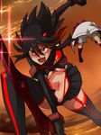  1girl black_hair black_legwear breasts cloud fang gloves grey_eyes highlights kill_la_kill long_sleeves matoi_ryuuko medium_breasts midriff multicolored_hair navel open_mouth revealing_clothes scissor_blade senketsu short_hair shorts suspenders suzu-batsu teeth thighhighs underboob weapon 