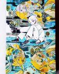  abstract_background androgynous black_footwear blue_eyes fish hexagon highres in_mouth knees_up long_sleeves looking_at_viewer maruti_bitamin one_eye_closed original pants shirt shoes short_hair solo traditional_media watercolor_(medium) white_hair white_pants white_shirt 