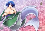  animal_ears blue_eyes blue_hair breasts head_fins japanese_clothes large_breasts mermaid monster_girl nipples obi open_mouth sash short_hair smile solo touhou usagi_niku wakasagihime wide_sleeves 