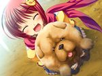  1girl child chouhi dog eyes_closed game_cg happy katagiri_hinata koihime_musou loli red_hair short_hair smile toes 