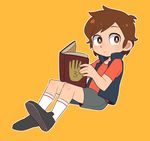  1boy book brown_eyes brown_hair dipper_pines gravity_falls hat hat_removed headwear_removed looking_at_viewer male male_focus moyori orange_background short_hair shorts simple_background sitting solo vest 