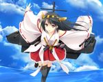  bare_shoulders black_hair black_legwear blue_sky blush boots brown_eyes cloud day detached_sleeves hairband haruna_(kantai_collection) japanese_clothes kantai_collection long_hair nontraditional_miko ocean open_mouth ribbon-trimmed_sleeves ribbon_trim skirt sky smile solo takepon thigh_boots thighhighs zettai_ryouiki 