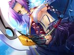 1girl chouryou_(shia) game_cg green_eyes koihime_musou navel polearm purple_hair sarashi short_hair smile weapon yatsuha_kanan 