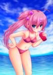  bikini blue_eyes blush breasts cleavage fisheye hand_on_hip highres little_busters! long_hair machikado_no_boushiya medium_breasts navel ocean pink_hair plaid saigusa_haruka shiny shiny_skin side_ponytail sipping solo swimsuit water 