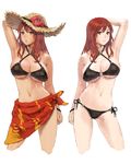  arm_behind_head arm_up armpits bad_id bad_pixiv_id bikini blush breasts cleavage cropped_legs dual_persona flower halterneck hat hibiscus iwauchi_tomoki large_breasts long_hair maou_(maoyuu) maoyuu_maou_yuusha navel o-ring o-ring_bikini parted_lips red_eyes red_hair red_sarong sarong side-tie_bikini sketch smile straw_hat sun_hat swimsuit symmetry tan underboob 