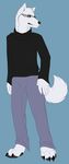  canine clothing cropped eyewear glasses hashire looking_away male mammal pants plain_background shirt siberian_husky solo standing white_fusion 