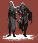  altair_ibn_la-ahad armor assassin's_creed assassin's_creed_(series) assassin's_creed_ii blade brown_hair cape ezio_auditore_da_firenze gloves hand_on_hip hood leaning_on_person male_focus multiple_boys smile sword weapon 