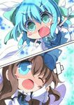  blue_dress blue_eyes blue_hair blush brown_hair chibi cirno commentary dress fang hair_ribbon ice long_hair marker_(medium) milkpanda multiple_girls ribbon short_hair star_sapphire touhou traditional_media wince wings yousei_daisensou 