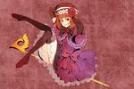  bad_id bad_pixiv_id black_legwear blue_eyes boots bow dress elbow_gloves eva_beatrice flower frills gloves hand_on_headwear hat orange_hair red_flower red_rose ribbon rose solo staff tama_(silvercake) thighhighs umineko_no_naku_koro_ni 