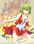  ascot bad_id bad_pixiv_id breasts cleavage earrings flower green_hair highres jewelry kazami_yuuka light_smile medium_breasts plaid plaid_skirt plaid_vest red_eyes shirt short_hair skirt skirt_set sleeveless sleeveless_shirt smile solo standing standing_on_one_leg touhou ume_(plumblossom) untucked vest 