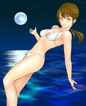  bikini brown_hair full_moon long_hair moon night orange_eyes original ponytail solo swimsuit water you_(uske7190) 