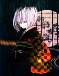  checkered highres japanese_clothes kimono mubouou_aasaa original round_window short_hair solo unmoving_pattern white_hair window 