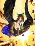  arm_cannon asymmetrical_clothes brown_eyes brown_hair cape cervus eyes highres long_hair mismatched_footwear reiuji_utsuho solo touhou weapon wings 