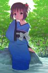  brown_hair forest japanese_clothes kimono meow_(nekodenki) nature original purple_eyes solo water 
