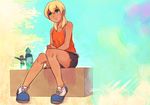  bad_id bad_pixiv_id bench blonde_hair endou_mamoru green_eyes headband inazuma_eleven inazuma_eleven_(series) kazemaru_ichirouta male_focus miyasaka_ryou multiple_boys no_socks pettan_(satm) shoes shorts sitting sky sneakers solo_focus tan tank_top 