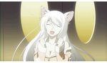  ^_^ animal_ears animated animated_gif bakemonogatari black_hanekawa breasts cat_ears cleavage closed_eyes hanekawa_tsubasa large_breasts long_hair lowres monogatari_(series) nekomonogatari non-web_source pajamas screencap solo white_hair 