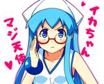  adjusting_eyewear bespectacled blue_eyes blue_hair bracelet dress glasses ikamusume jewelry k.ei open_mouth parody red-framed_eyewear shinryaku!_ikamusume solo tentacle_hair tentacles translated 