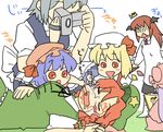  6+girls :&lt; :d :o apron baby bad_id bad_pixiv_id blonde_hair blue_hair blush_stickers book braid camera drooling face_painting flandre_scarlet hat head_wings hong_meiling izayoi_sakuya koakuma koyama_shigeru maid multiple_girls no_eyes nose_bubble open_mouth patchouli_knowledge red_eyes red_hair remilia_scarlet short_hair side_ponytail silver_hair simple_background sleeping smile touhou wings younger 