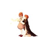  1girl bad_id bad_pixiv_id brother_and_sister bug butterfly cape closed_eyes dress formal hair_bobbles hair_ornament insect jacket kazi necktie red_hair ribbon siblings socks suit umineko_no_naku_koro_ni ushiromiya_ange ushiromiya_battler younger 