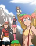  bandana beanie blue_eyes blue_hair breasts brown_hair crop_top haruka_(pokemon) hat highres hikari_(pokemon) iris_(pokemon) kakkii kasumi_(pokemon) midriff multiple_girls navel orange_hair pokemon pokemon_(anime) pokemon_(classic_anime) pokemon_ag pokemon_bw_(anime) pokemon_dp_(anime) red_scarf scarf side_ponytail small_breasts suspenders two_side_up underboob 