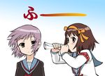  blowing bow brown_eyes brown_hair cardigan expressionless hair_bow hair_ribbon kita_high_school_uniform lavender_hair multiple_girls nagato_yuki ribbon school_uniform serafuku short_hair suzumiya_haruhi suzumiya_haruhi_no_yuuutsu translated ueyama_michirou 