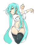  aqua_eyes aqua_hair center_opening hatsune_miku lace lace-trimmed_thighhighs long_hair simple_background solo stretch thighhighs twintails very_long_hair vocaloid zukaketawagase 
