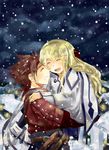  1girl bad_id bad_pixiv_id blue_background carrying closed_eyes collet_brunel couple hetero hetiru highres lloyd_irving long_hair red_shirt shirt smile snow tales_of_(series) tales_of_symphonia 