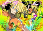  aqua_eyes bespectacled blonde_hair glasses grin guitar hair_ribbon headphones headphones_around_neck instrument kagamine_len kagamine_rin mask nata ribbon short_hair siblings smile solo twins vocaloid 