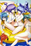  ass bandeau barefoot bikini blue_eyes blue_hair bou breasts bun_cover cleavage feet fish fishing_rod glasses green_eyes green_hair highres kneeling koubuin_yuuhi long_hair long_legs medium_breasts mitsurugi_meiya multiple_girls muvluv o-ring o-ring_bottom one-piece_swimsuit ponytail purple_eyes purple_hair ripping short_hair swimsuit tsukuyomi_mana tsukuyomi_maya 