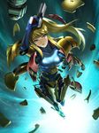  5-dimensional_skaters bad_id bad_pixiv_id bangs blonde_hair blue_eyes bodysuit gun handgun helmet metroid pistol ponytail samus_aran solo thigh_gap varia_suit weapon zero_suit 