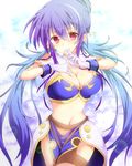  blue_hair breasts gloves judith large_breasts long_hair midriff navel pointy_ears red_eyes runako smile solo tales_of_(series) tales_of_vesperia white_background 