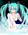  aqua_eyes aqua_hair bad_id bad_pixiv_id breasts cleavage hatsune_miku highres kneeling long_hair medium_breasts nightshirt solo turuhara twintails very_long_hair vocaloid 