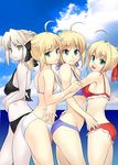  :&lt; absurdres ahoge aqua_eyes artoria_pendragon_(all) azu bikini blonde_hair breasts cloud day error fate/extra fate/stay_night fate/unlimited_codes fate_(series) frilled_bikini frills hair_ribbon highres medium_breasts multiple_girls multiple_persona navel nero_claudius_(fate) nero_claudius_(fate)_(all) o-ring o-ring_top red_bikini ribbon saber saber_alter saber_lily sideboob small_breasts swimsuit 