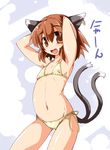  animal_ears arms_up bikini brown_eyes brown_hair cat_ears cat_tail chen earrings flat_chest highres jewelry multiple_tails shirogane_(platinum) short_hair side-tie_bikini single_earring solo swimsuit tail touhou translated 