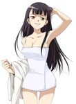  agahari armpits ass_visible_through_thighs black_hair breasts cleavage heterochromia highres impossible_towel large_breasts naked_towel sakamoto_mio smile solo strike_witches towel world_witches_series 
