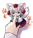  &gt;_&lt; :3 animal_ears biting chibi closed_eyes fangs finger_biting fingers hands hat inubashiri_momiji minigirl solo tail tokin_hat touhou wolf_ears wolf_tail x3 yume_shokunin 