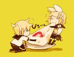  1girl blonde_hair brother_and_sister eating food glider_(artist) hair_ornament hair_ribbon hairclip headphones kagamine_len kagamine_rin miniboy minigirl ribbon short_hair siblings twins vocaloid 